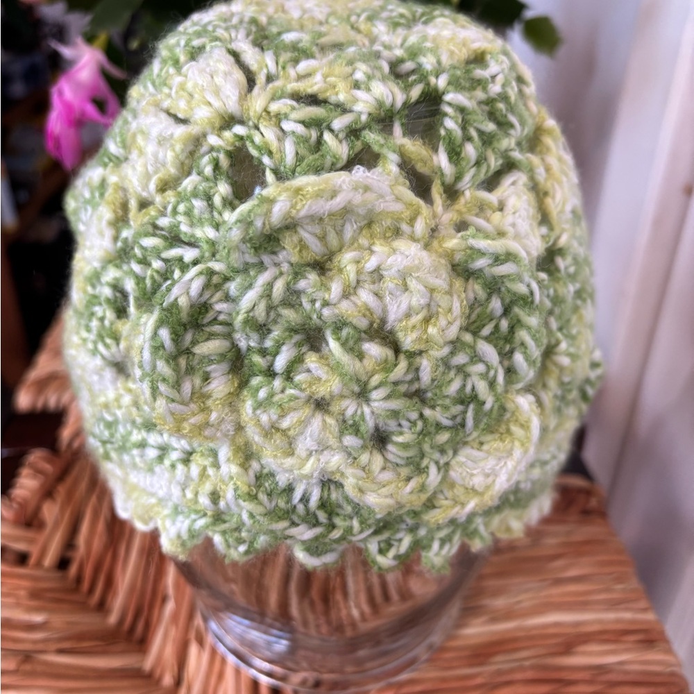 Green and White Crochet Rose Beanie Flower Hat Fairycore Cottagecore Whimsy